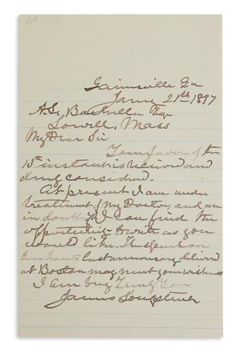 JAMES LONGSTREET. Autograph Letter Signed, to schoolmaster Albert L. Bacheller, declining to write a new speech...